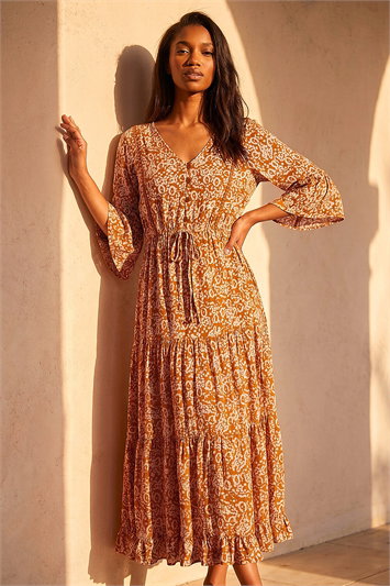 Orange Petite Abstract Print V-Neck Midi Dress