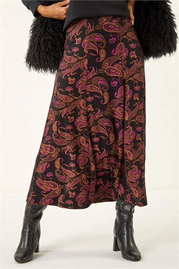 Pink Paisley Print Midi Stretch Skirt