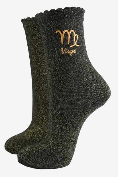 Black Embroiderd Virgo Zodiac Glitter Socks