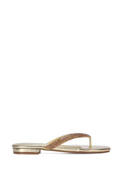 Black 'Blake' Flat Slip On Diamante Sandals With Thong Strap