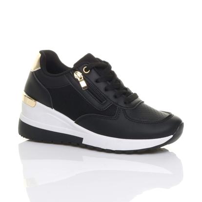 Black Mid Wedge Heel Lace Up Gold Zip Trainers