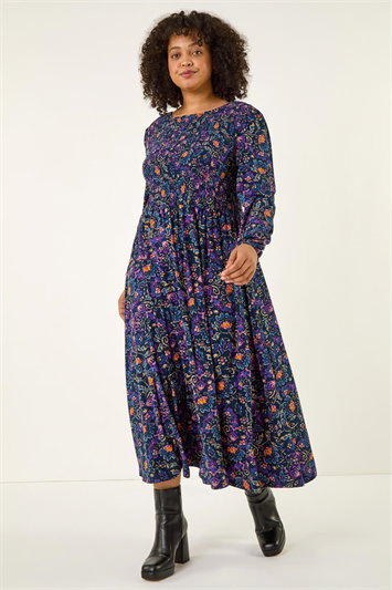 Blue Curve Floral Print Shirred Midi Dress