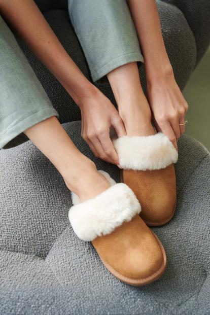 Brown "Bracken Chestnut" Sheepskin And Suede Slippers