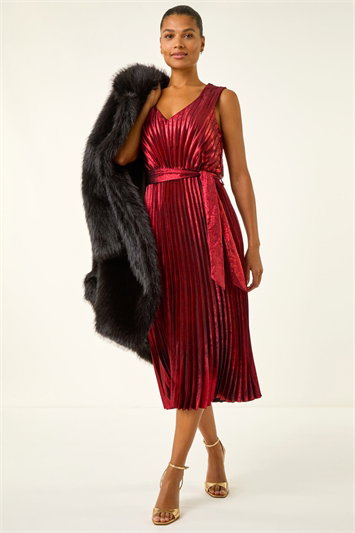 Metallic Pleat Belted Midi Dress 14811678