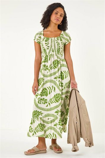 Leaf Print Shirred Maxi Dress 14864634