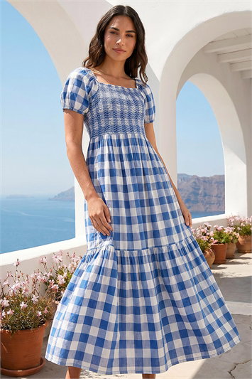 Blue Check Print Shirred Midi Dress