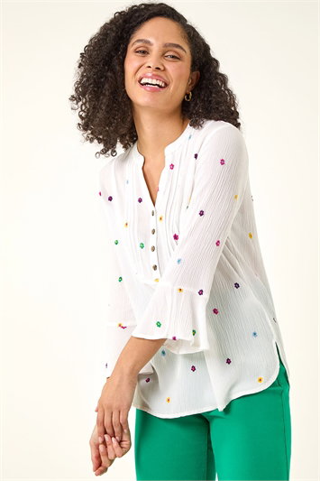 White Floral Embroidered Buttoned Top