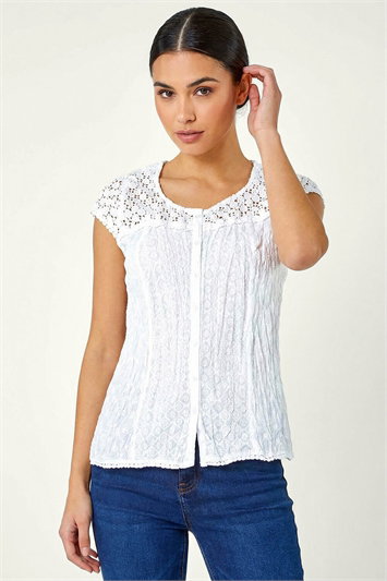 Lace Yoke Cap Sleeve Crinkle Blouse 10002594