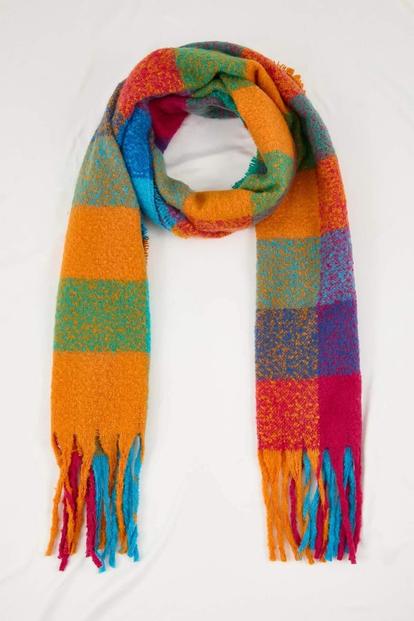 Multi Colour Block Check Tassel Oversized Knit Winter Scarf