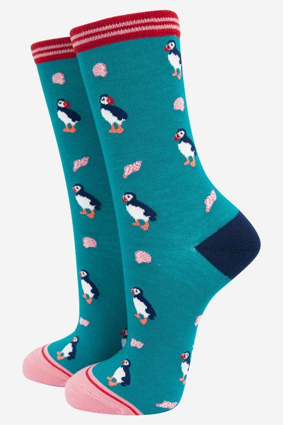 Blue Seashells And Puffins Bamboo Socks - Teal