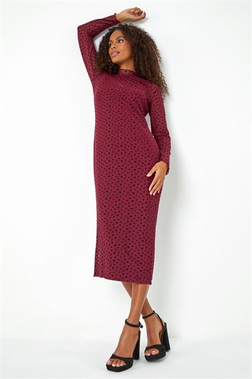 Polka Dot Mesh Stretch Bodycon Midi Dress 14457995