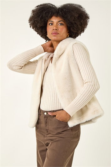 Cream Hooded Faux Fur Gilet