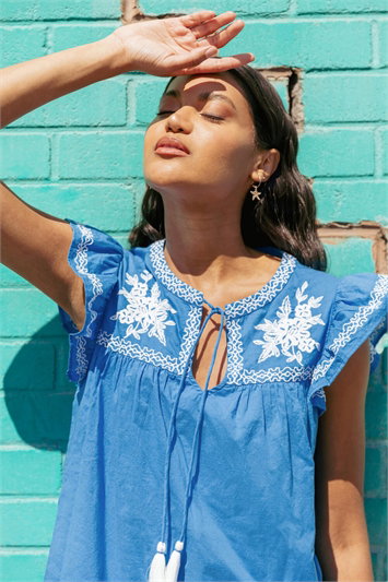 Blue Embroidered Tie Front Top