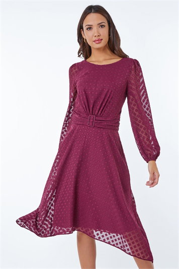 Textured Diamond Belted Chiffon Midi Dress 14349195