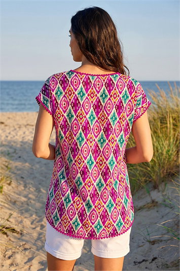 Ikat Print Bobble Trim Tee 20210172