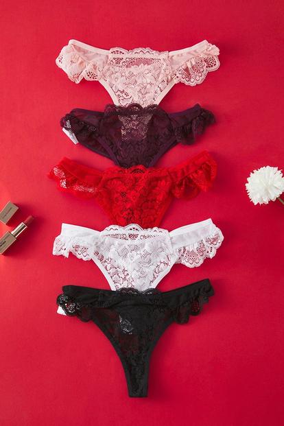 Multi 5 Pack Lace Frill Trim Mesh Brazilian Briefs Set