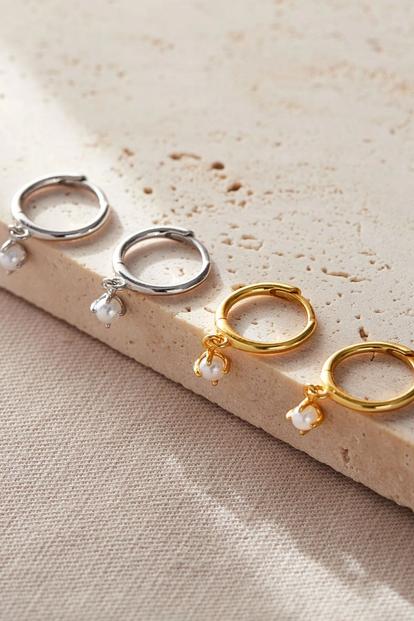 Metallic Sterling Silver Pearl Drop Hoops