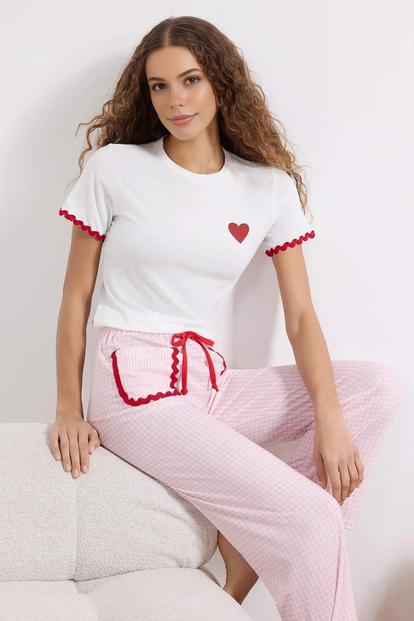 Multi Heart Print Gingham Rickrack Trim Cotton Pyjama Set