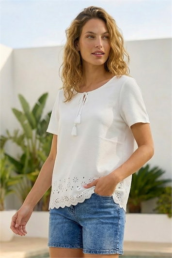 White Cut Out Hem Tie Front Top