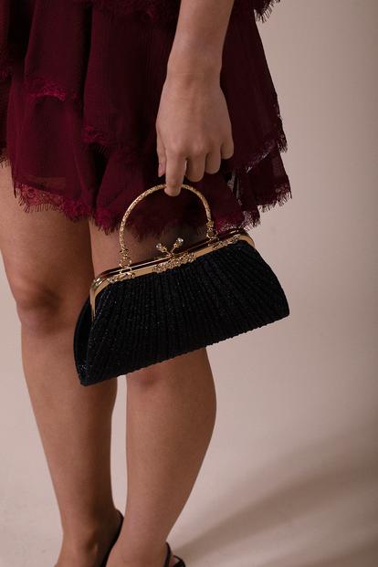 Black Glitter Metallic Fibre Clutch Bag