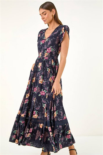 Blue Floral Print Shirred Waist Dress
