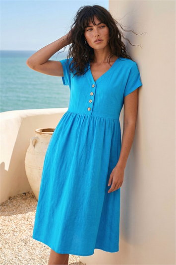 Blue Linen Look Button Midi Dress