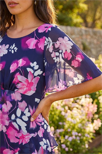 Blue Floral Chiffon Frill Asymmetric Midi Dress