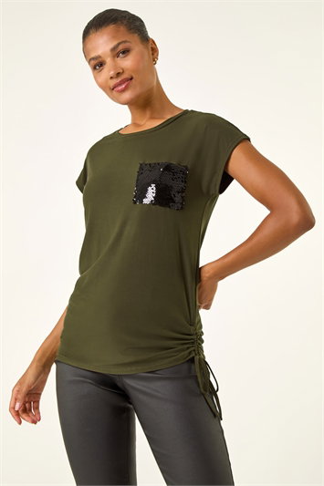 Green Sequin Pocket Side Ruched T-Shirt