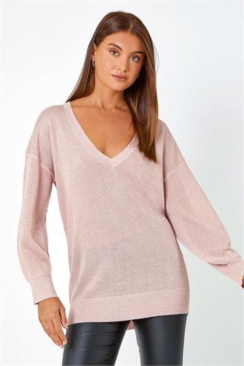 Pink Relaxed Stretch Sparkly V-Neck Jumper