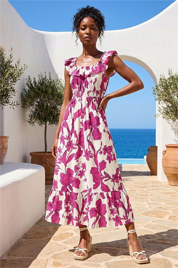 Pink Floral Print Frill Shirred Midi Dress