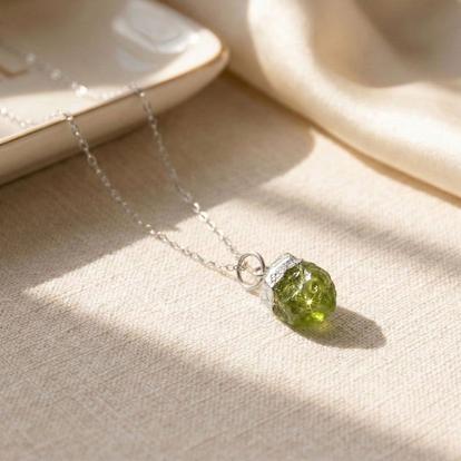 Metallic Raw Peridot Sterling Silver August Birthstone Necklace