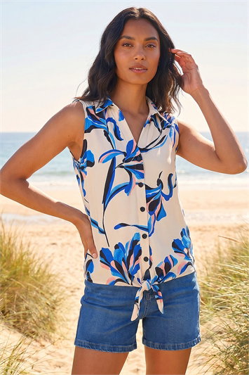 Blue Floral Tie Front Blouse
