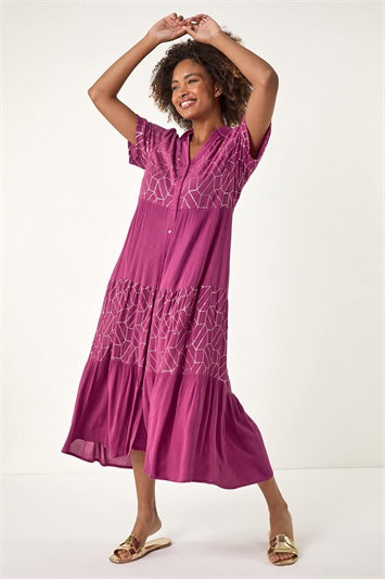 V-Neck Sequin Button Midi Dress 14694676
