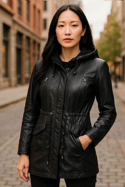 Green Leather Hooded Parka Jacket-Clare
