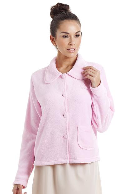 Pink Soft Fleece Bed Jacket With Floral Motif