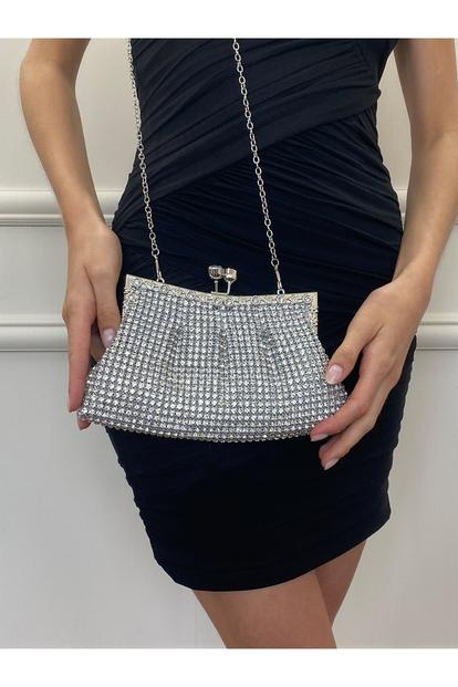 Metallic Silver Crystal Clutch Bag