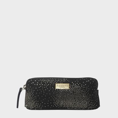 Black 'Emily' Small Black & Yellow Gold Sparkle Leather Makeup Bag