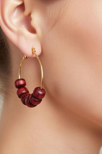 Red Sandalwood Beaded Huggie Hoop Earrings