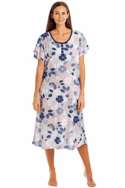 Blue Floral Leaf Print Jersey Nightdress