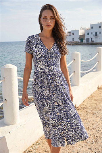 Blue Petite Abstract Button Pocket Stretch Dress