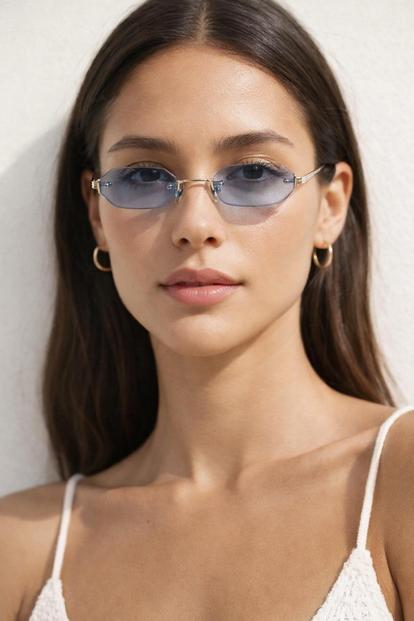 Blue Rimless Oval Hexagon Sunglasses