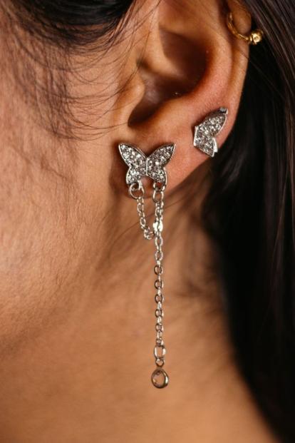 Metallic Butterfly Ear Cuff With Dangle Chain And Stud, Silver