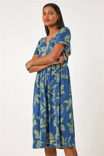 Blue Leaf Print Stretch Midi Dress