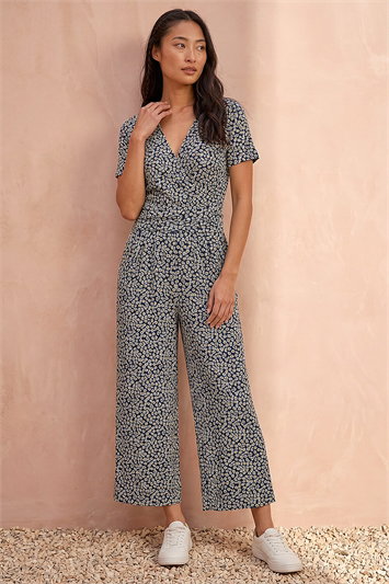 Blue Petite Daisy Print Wrap Jumpsuit