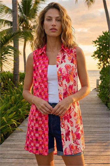 Pink Contrast Collared Longline Blouse
