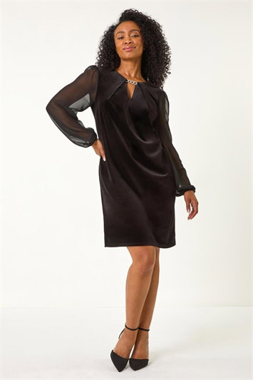 Petite Contrast Sleeve Velvet Dress 14661508