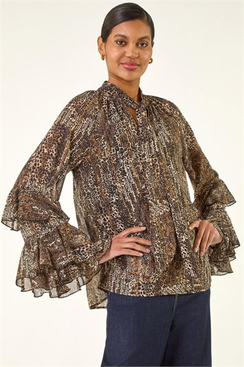 Cream Animal Print Tie Front Flared Top