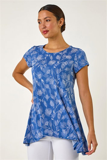 Blue Textured Floral Print Tunic Top