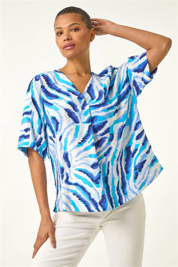 Blue Print Pleated Tunic Top
