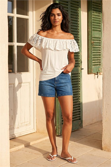 White Lace Trim Bardot Top